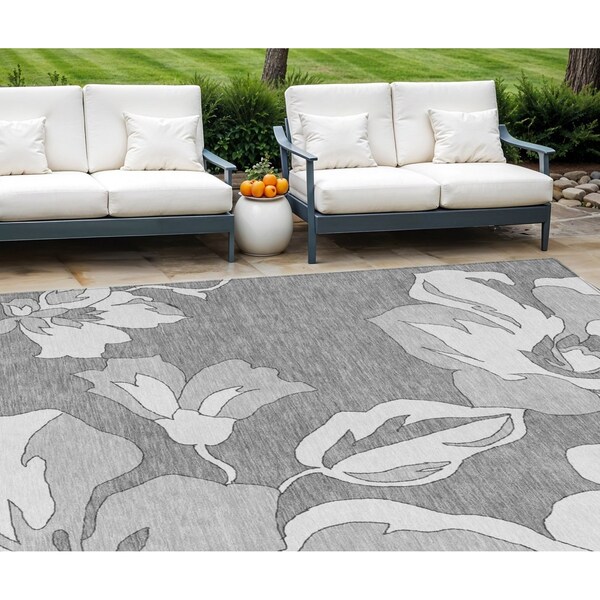 Homeroots 10' X 14' Gray And Silver Floral Washable Indoor Outdoor Area Rug 589541 - main