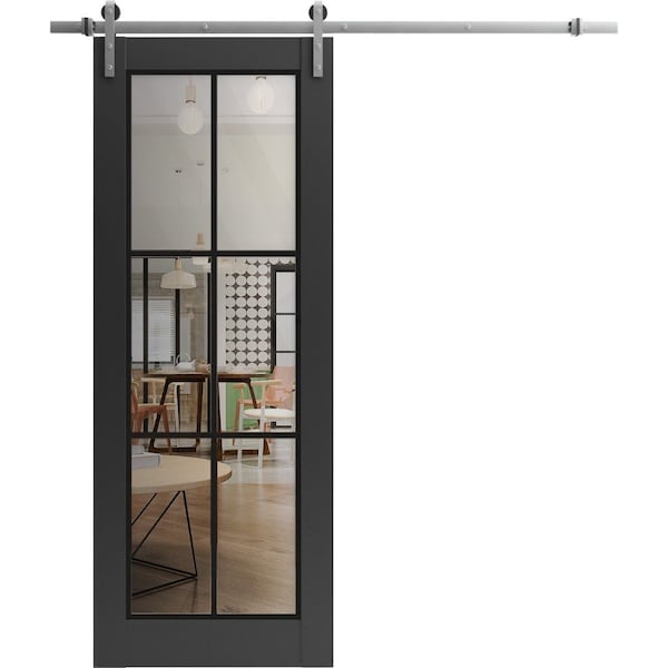 Sartodoors Sturdy Barn Door Clear Tempered Glass, Lucia 2366 Matte Black and Aluminum Strips, 6.6FT Silver Ra LUCIA2366BD-S-BLK-24 x 96 - main