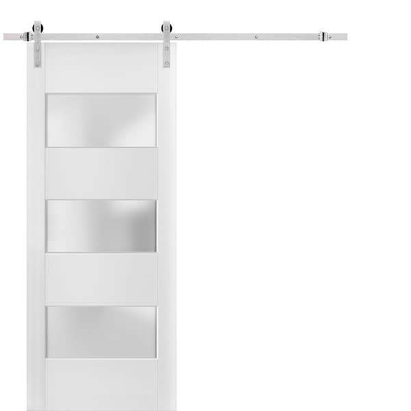 Sartodoors Sturdy Barn Door 32 x 80 inches Frosted Glass 3 Lites, Lucia 4070 White Silk, 6.6FT Rail Hangers He LUCIA4070BD-S-WS-32 - main