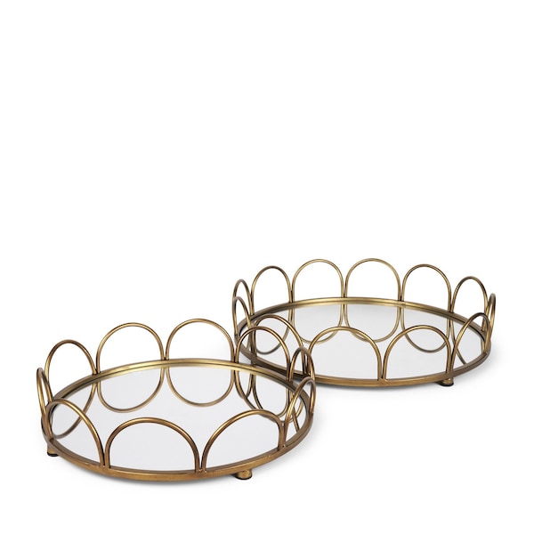 Homeroots Set of Two Antiqued Gold Metal And Mirrored Glass Round Vanity Trays 608712 - main