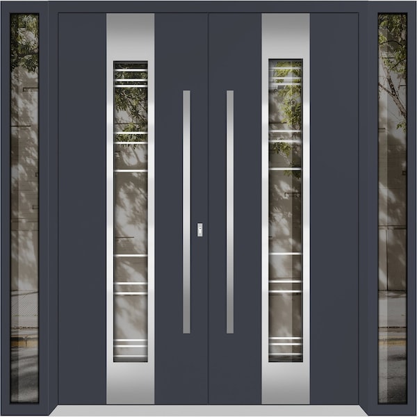 Vdomdoors Aluminum Double Doors Deux 5755 Gray Graphite Clear Glass 2 Sidelights Entry Modern Painted 104x96 DEUX5755DEXD-GRE-W16+72+16xH96-RH-O - main