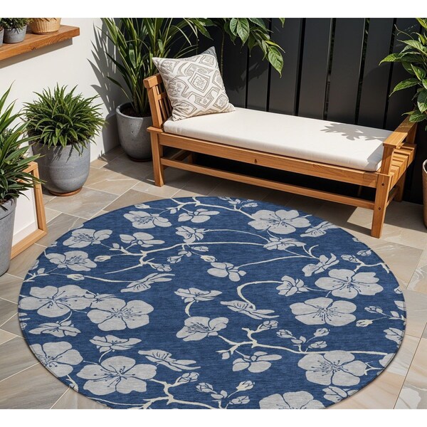 Homeroots 8' Navy Blue And Gray Round Floral Washable Indoor Outdoor Area Rug 600026 - main