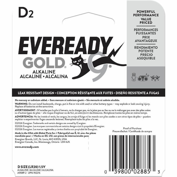 Energizer Eveready Size D Gold Alkaline General Purpose Battery - Alkaline - 1.5V DC A95BP-2 - main