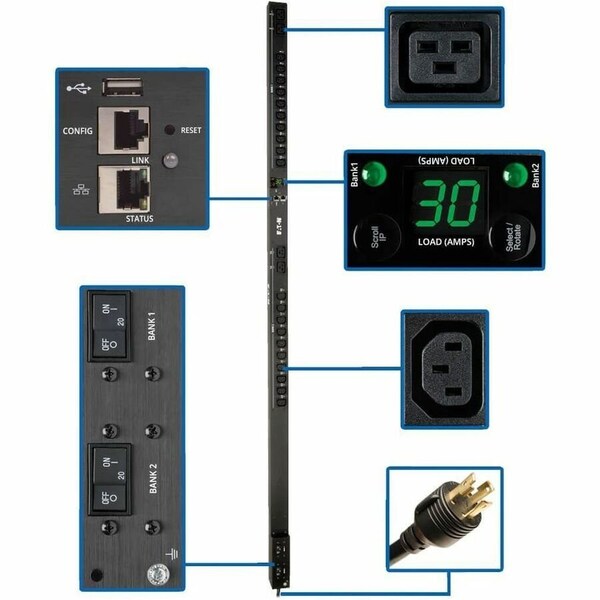 Eaton 5.5kW Single-Phase Switched PDU - LX Interface, 208/230V Outlets 20 C13 & 4 C19, L6-30P, 0U, TAA PDUMV30HVNETLX - main