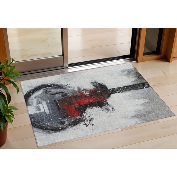 Homeroots 3' X 5' Gray Charcoal And Red Abstract Washable Indoor Outdoor Area Rug 631155 - main