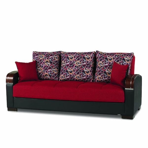 Homeroots 87" Red Polyester Convertible Futon Sleeper Sofa And Toss Pillows With Storage 607144 - main