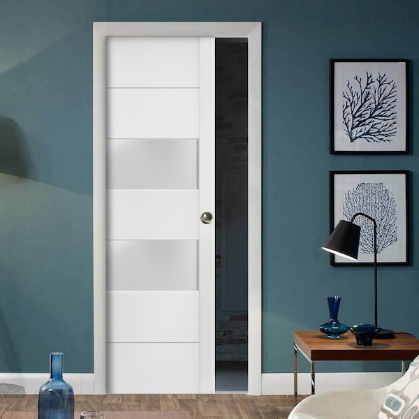Sartodoors Sliding French Pocket Door 2 lites, Lucia 4010 White Silk with Frosted Glass, Kit Trims Rail Hardwa LUCIA4010PD-WS-18 - main