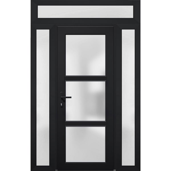 Vdomdoors Front Exterior Prehung FiberGlass Door Frosted Glass / Manux 8552 Matte Black / 2 Sidelight and Tra MANUX8552EXD-BLK-W14+30+14 x H80+14-RH - main