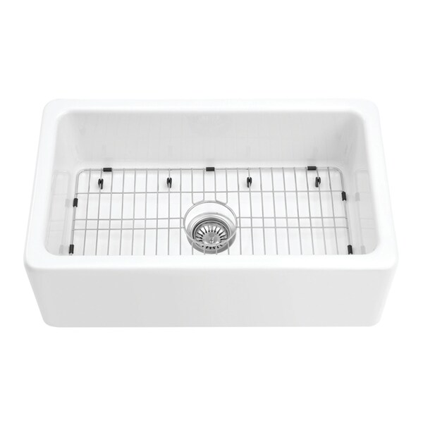 Kingston Brass 30" Fireclay Single Bowl Farmhouse Kitchen Sink with Bottom Grid and Strainer, Glossy White KGPF311910YBC - main