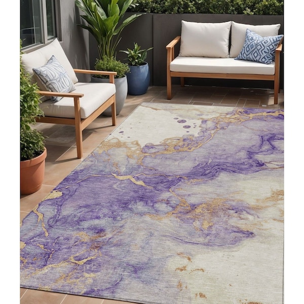 Homeroots 5' X 8' Purple And Gold Abstract Washable Indoor Outdoor Area Rug 631886 - main