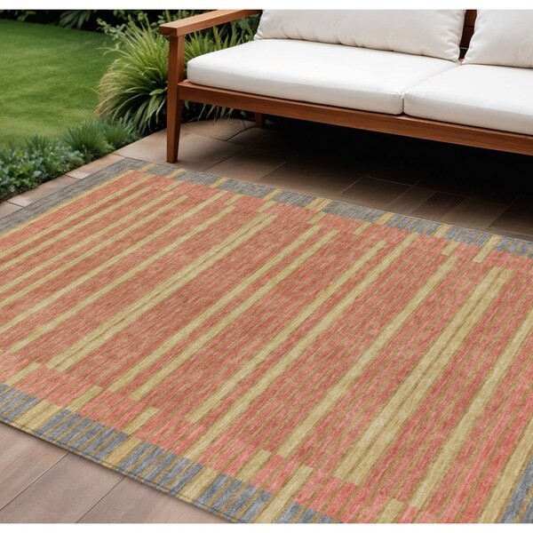 Homeroots 8' X 10' Pewter And Gold Striped Washable Indoor Outdoor Area Rug 610501 - main