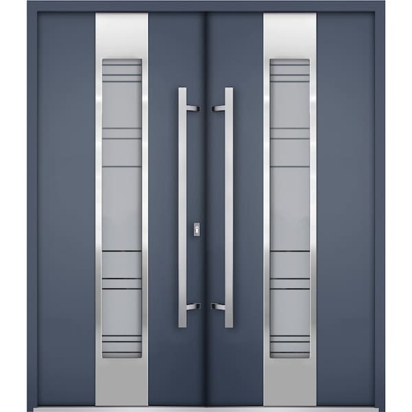 Vdomdoors Steel Double Doors Deux 0757 Gray Graphite Stainless Inserts Single Modern Painted DEUX0757DEXD-GRE-RH-W72 x H80 - main