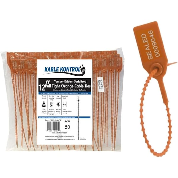 Kable Kontrol Pull Tight Cable Zip Tie Seals, Numbered Tamper Evident, 12in L, 50 Lbs Strength, Orange, 50PK CTPT-12-50-OR - main