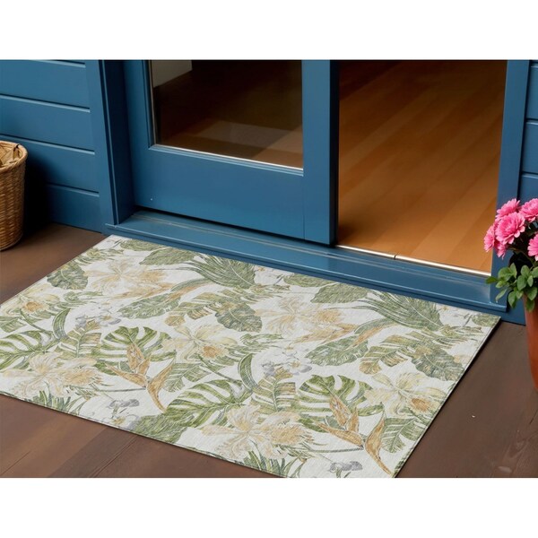 Homeroots 3' X 5' Ivory Wheat And Olive Green Botanical Leaves Washable Indoor Outdoor Area Rug 618406 - main