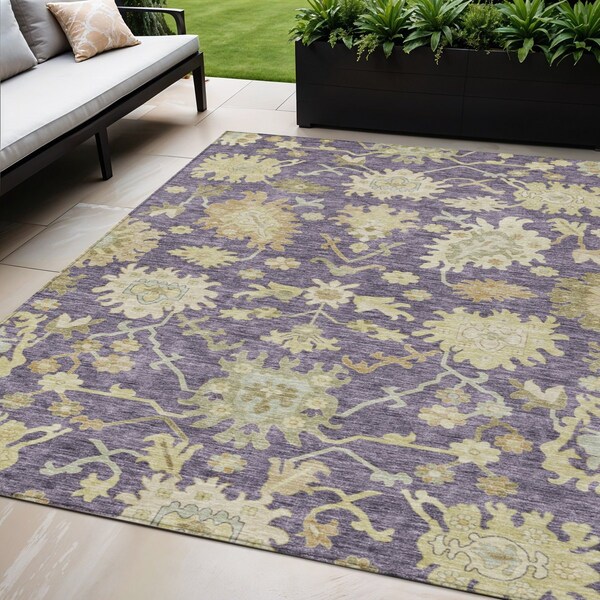 Homeroots 5' X 8' Eggplant Beige And Green Floral Washable Indoor Outdoor Area Rug 605200 - main