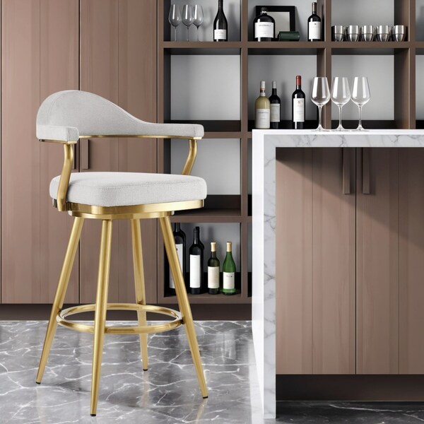 Homeroots 30" Silver and Gold Fabric and Stainless Steel Low Back Bar Height Swivel Bar Chair 569157 - main