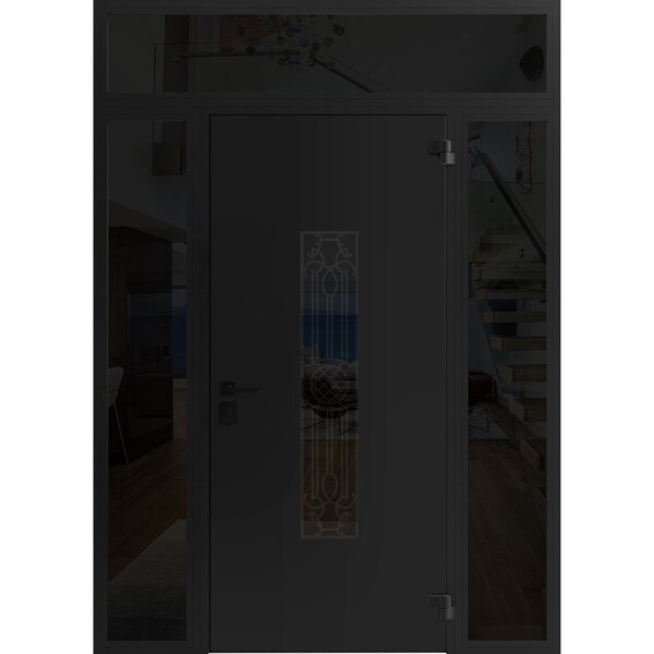 Vdomdoors Front Exterior Prehung Steel Door Ronex1477 Black Enamel 2 Sidelight and Transom Window Sidelite RONEX1477EXD-BLK-W14+36+14xH80+16-LH-I - main