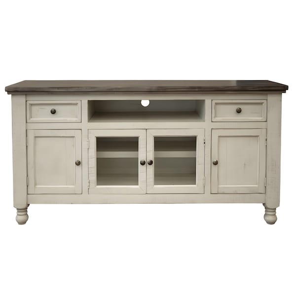Homeroots 60" Ivory Solid Wood Open shelving Distressed TV Stand 528712 - main