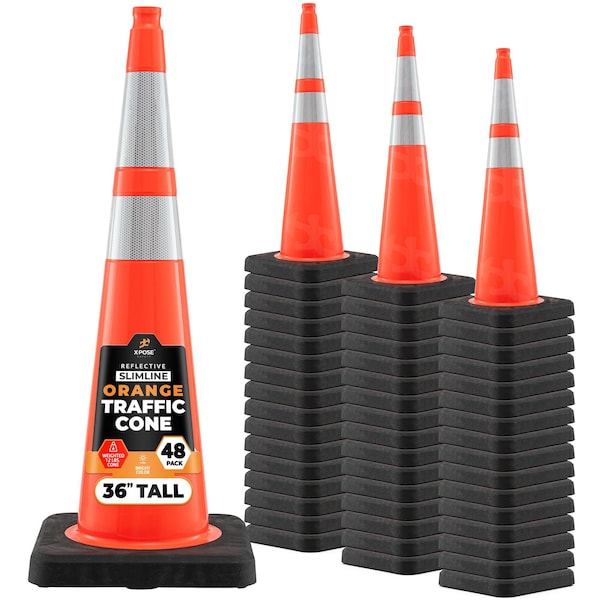 Xpose Safety 36 in Slim Line Orange Traffic Cone, Heavy Duty 12 lb Base, 6 in & 4 in Collar, DOT Approved, 48 PK OTC36SL-64-12L-48-X - main