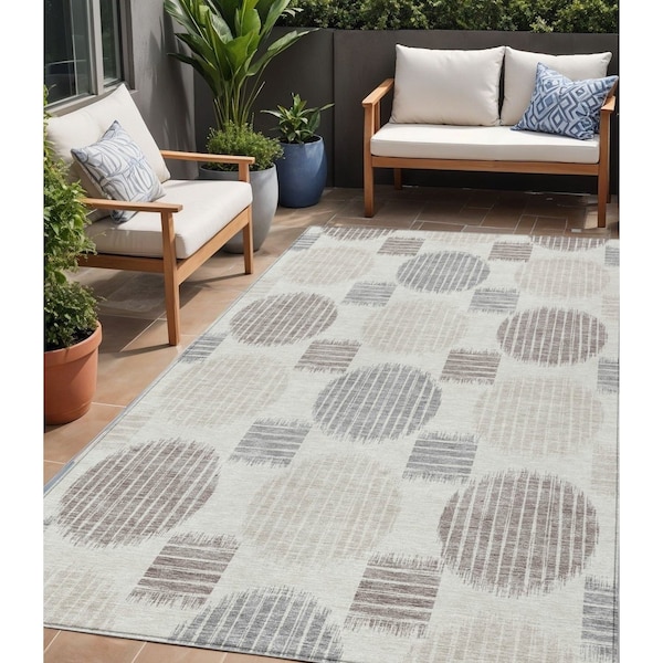 Homeroots 5' X 8' Ivory Brown And Gray Geometric Washable Indoor Outdoor Area Rug 593601 - main