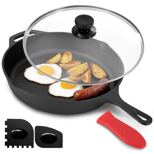 Megachef 12 Inch Pre-Seasoned Cast Iron Skillet with Tempered Glass Lid MCCI-7756CI - main