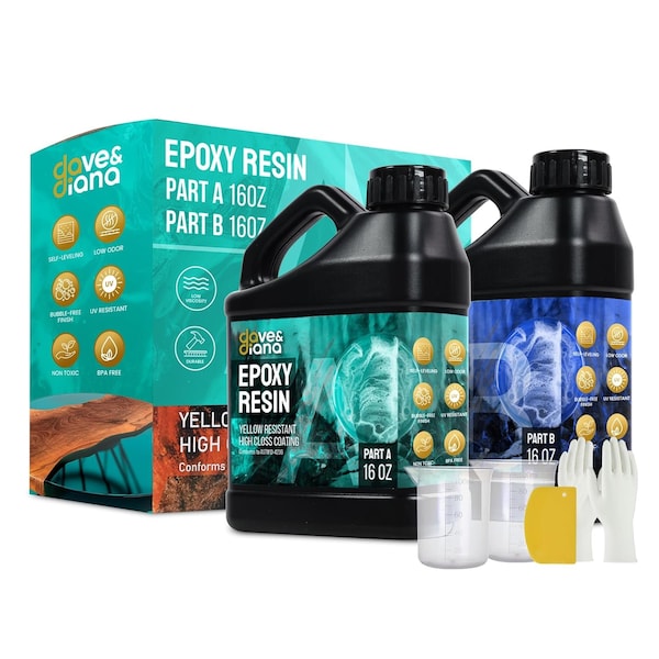 Dave & Diana Crystal Clear Epoxy Resin 16oz Includes 16oz Each of Resin A and Hardener B Anti-Yellowing OCEPR32 - main