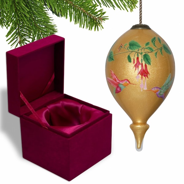 Homeroots Golden Flowers and Hummingbirds Hand Painted Mouth Blown Glass Ornament 477504 - main