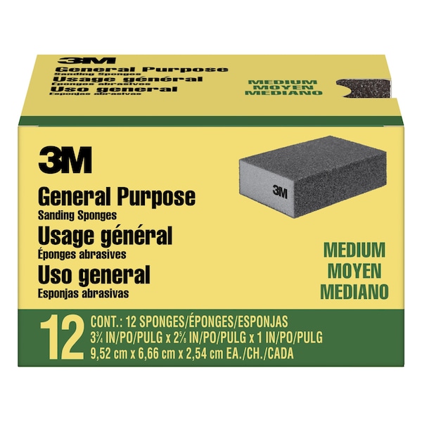 3M General Purpose Sanding Sponge, Block, 3 3/4 in x 2 5/8 in x 1 in, Medium, 4PK CP002-12P - main