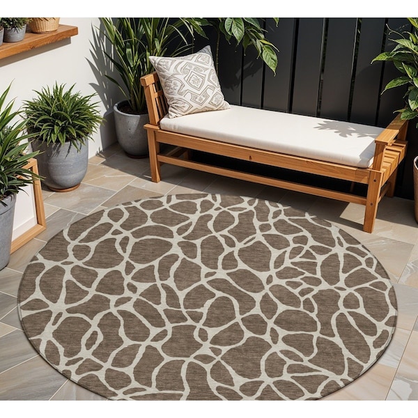 Homeroots 8' Brown And Beige Round Geometric Washable Indoor Outdoor Area Rug 599270 - main