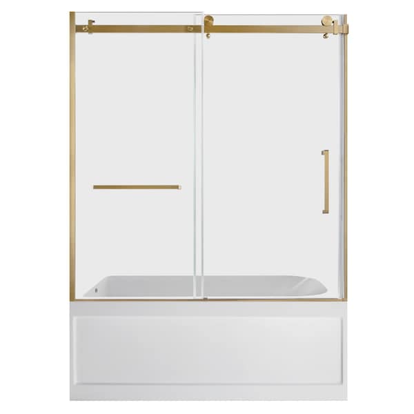 Kingston Brass 60" Acrylic Anti-Skid Alcove Left-Hand Drain Tub with Right Sliding Tub Door, White/Brushed Brass KVTAP6032L21A7 - main