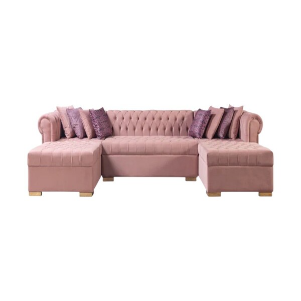 Homeroots Pink Velvet U Shaped Three Piece Sofa and Chaise Sectional With Toss Pillows 643893 - main