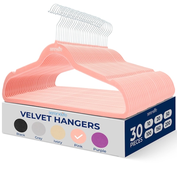 Serenelife Velvet Hangers, Non-Slip, 360 Deg Swivel Hook, Ultra-Thin, Lightweight, Space Saving, Pink, 30PK SLHVELPIK30 - main
