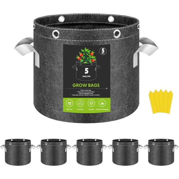 Ipower InfiniPower 5 Gallon Plant Grow Bags, 400G Thick Nonwoven Fabric Pots, 5PK GLGROWBAG5X5GRY - main