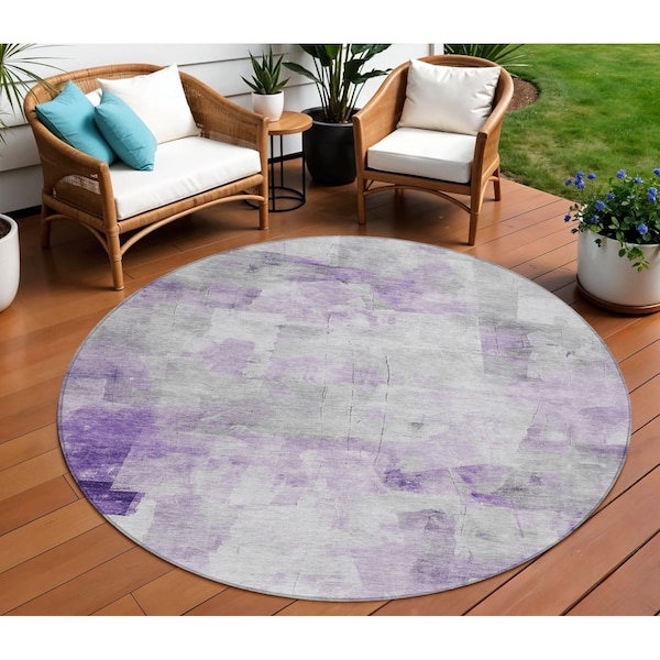 Homeroots 8' Lavender Gray And Ivory Round Abstract Washable Indoor Outdoor Area Rug 616875 - main