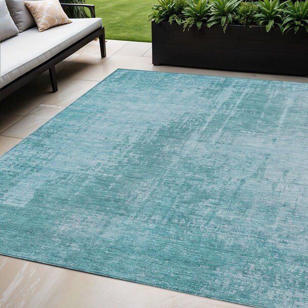 Homeroots 5' X 8' Aqua Teal Blue And Gray Abstract Washable Indoor Outdoor Area Rug 587255 - main