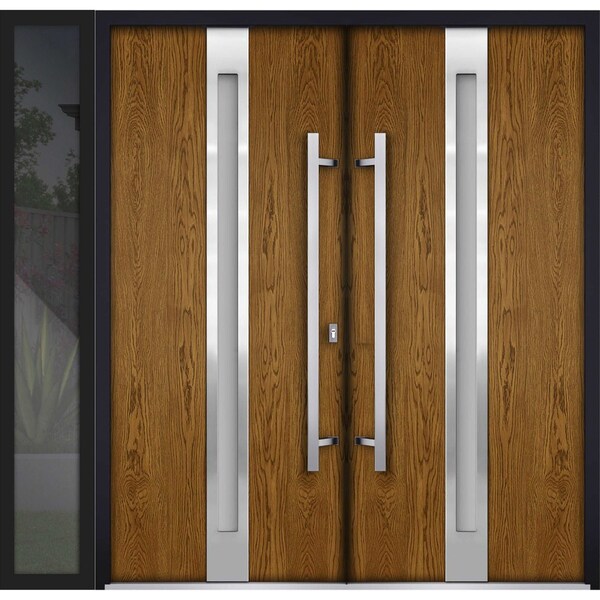 Vdomdoors Metal Double Doors Deux 1744 Natural Oak Frosted Glass 1 Sidelight Entry Modern Painted 86x80 (W72+ DEUX1744DEXD-OAKB-W72+14xH80-RH-I - main