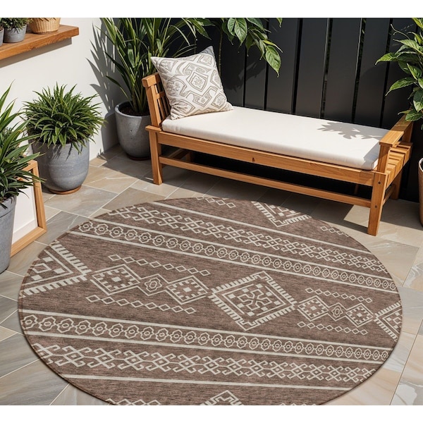 Homeroots 8' Brown And Ivory Round Southwestern Washable Indoor Outdoor Area Rug 593656 - main