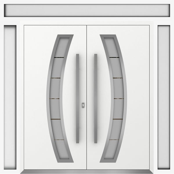 Vdomdoors Metal Double Doors Deux 6500 White Enamel Frosted Glass 2 Sidelights and Top Transom Entry Modern P DEUX6500DEXD-BEM-W14+72+14xH96+16-LH-I - main