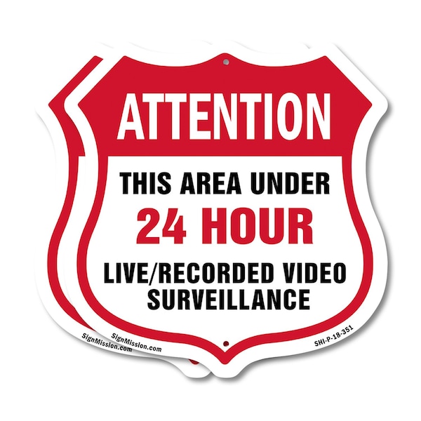Signmission 24 Hour Surveillance Shield Sign Attenti, 18 inch X 18 inch, Plastic Sign, 2PK SHI-P-2PACK-18-351 - main