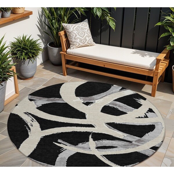 Homeroots 8' Black Ivory And Gray Round Abstract Washable Indoor Outdoor Area Rug 599108 - main