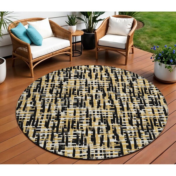 Homeroots 8' Black Gold And Ivory Round Abstract Washable Indoor Outdoor Area Rug 602547 - main