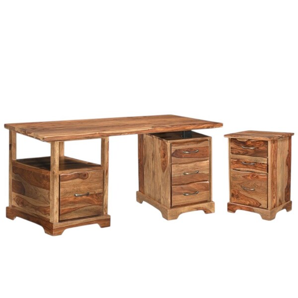 Homeroots 68" Brown Solid Wood Writing Desk and Bookshelf Set With Four Drawers 634357 - main