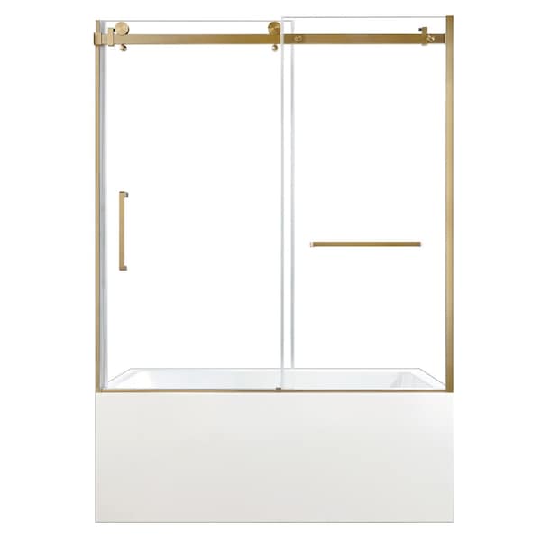 Kingston Brass 60" Acrylic Alcove Right-Hand Drain Tub with Left Sliding Tub Door, White/Brushed Brass KVTAP603622R7 - main