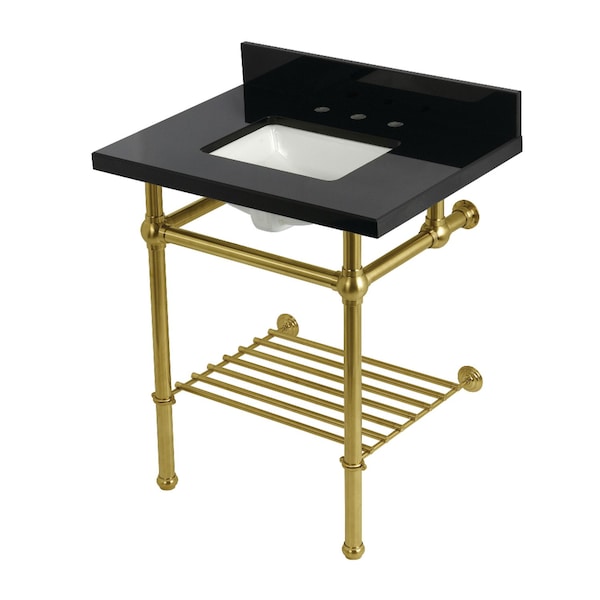 Kingston Brass 30-Inch Black Granite Console Sink with Brass Legs and Shelf, 8-Inch, 3-Hole KVPK30KBSQB7 - main