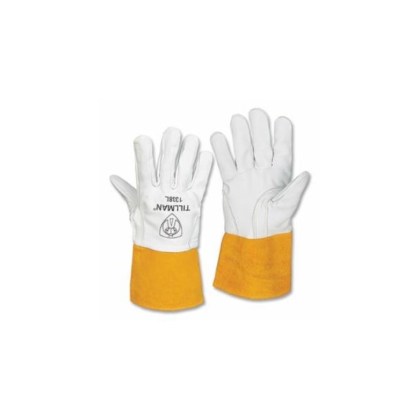 Tillman TIG Welding Gloves, 1338, Goatskin Palm/BOH/Split Cowhide Cuff, Sm, Pearl/Bourbon Brn, 4 in L, 12PK 724-1338S - main