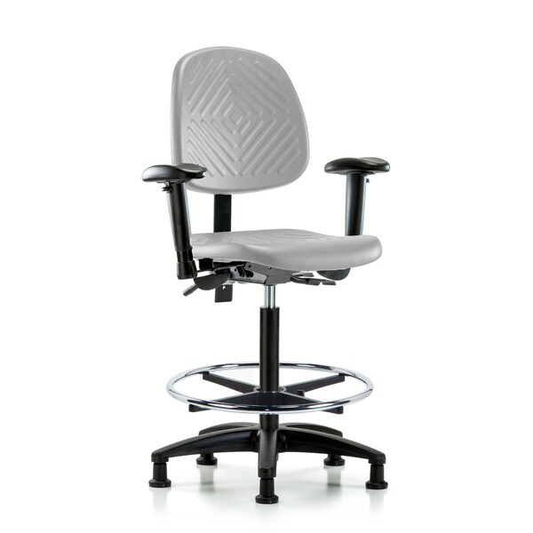 Blue Ridge Ergonomics Poly Chair-High Bench Height with Med Back, Adj Arms, Chrome Foot Ring, &Stationary Glides in Gray Poly PHBCH-MB-RG-T0-A1-CF-RG-GRY - main