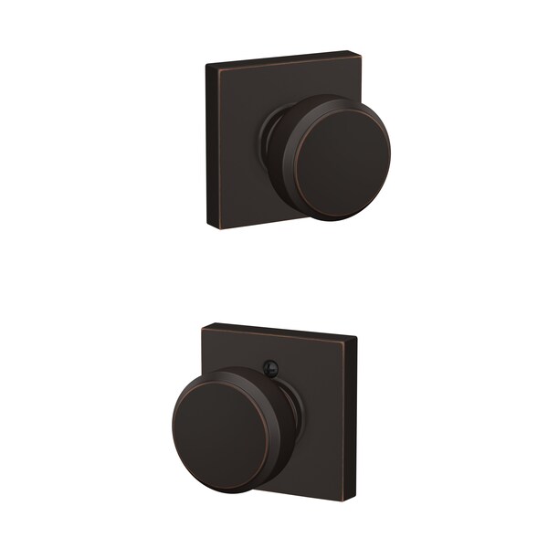 Schlage Residential Bowery Knob with Collins Rose Passage Lock with 16080 Latch and 10027 Strike Aged Bronze Finish F10BWE716COL - main
