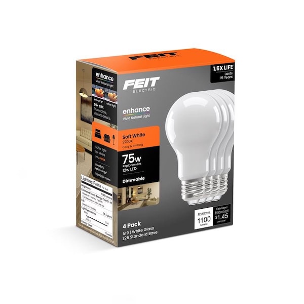Feit Electric Feit A19 E26 Medium LED Bulb Soft White 75 Watt Equivalence, 4PK A1975/927FIL4GB - main