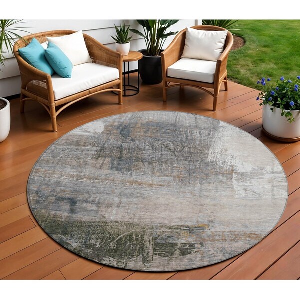Homeroots 8' Beige And Gray Round Abstract Washable Indoor Outdoor Area Rug 632025 - main