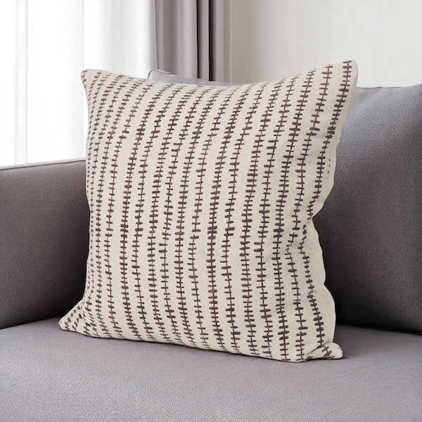 Homeroots 22" Beige And Merlot Striped Linen Throw Pillow Cover with Embroidery 608210 - main